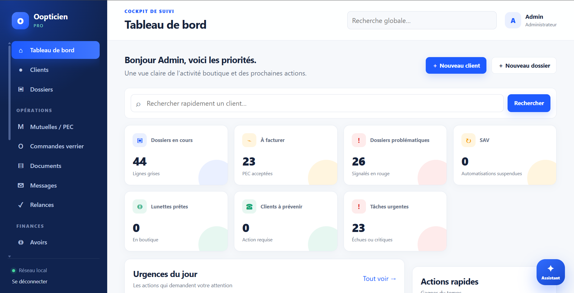 Tableau de bord de l'application métier Oopticien Pro